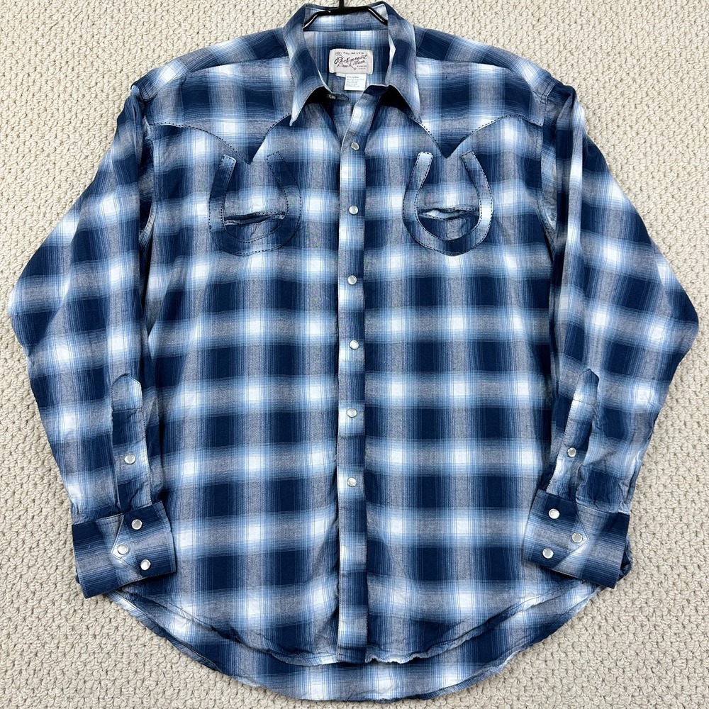 RockMount Ranch Wear Shirt Mens XL Blue Shadow Plaid Horseshoes Yoke Pearl Snap